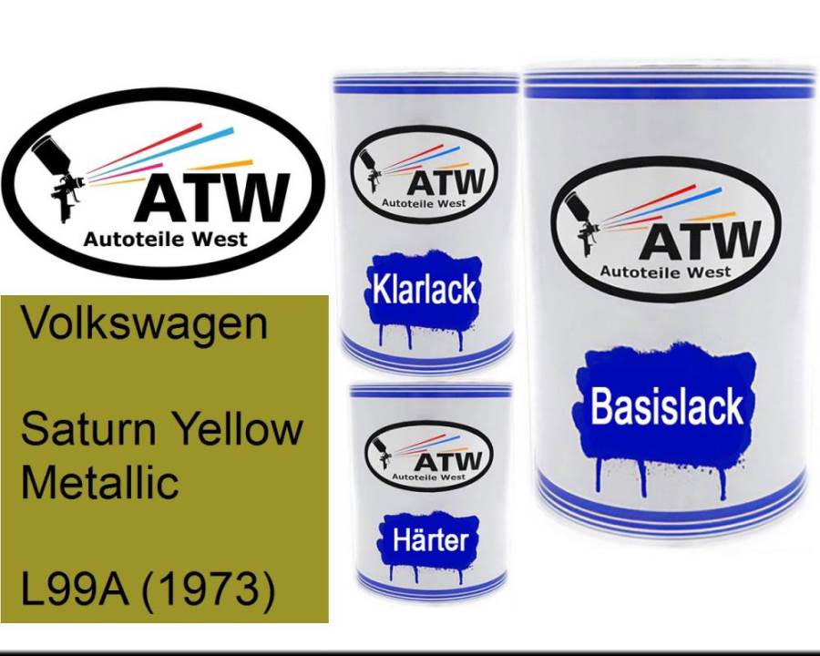 Volkswagen, Saturn Yellow Metallic, L99A (1973): 500ml Lackdose + 500ml Klarlack + 250ml Härter - Set, von ATW Autoteile West.